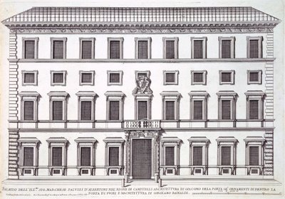 Ansicht der Fassade des Palazzo Marchese, Rom, entworfen von Giacomo della Porta und Girolamo Rainaldi von Giovanni Battista Falda